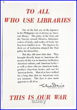 Original 1943 WWII poster To All Who Use Libraries mentions Nazis Japanese