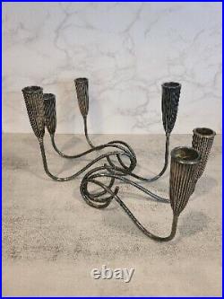 Pair Triple Light NAPIER Fluted Silverplate Candle Holders Mid-Century MOD EUC