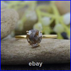 Pear Cut Rough Salt & Pepper Diamond Solid 14K Yellow Gold Dainty Solitaire Ring