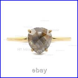 Pear Cut Rough Salt & Pepper Diamond Solid 14K Yellow Gold Dainty Solitaire Ring