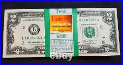 RARE Lucky Money $2 Bills BEP Pack of 100 Consecutive All Double 88 Serial #'S