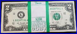 RARE Lucky Money $2 Bills BEP Pack of 100 Consecutive All Double 88 Serial #'S