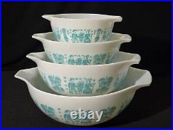 Rare REVERSE Pyrex Amish Butterprint Cinderella Bowls Turquoise on White