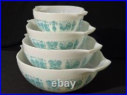 Rare REVERSE Pyrex Amish Butterprint Cinderella Bowls Turquoise on White