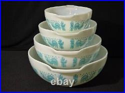 Rare REVERSE Pyrex Amish Butterprint Cinderella Bowls Turquoise on White