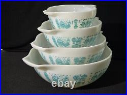 Rare REVERSE Pyrex Amish Butterprint Cinderella Bowls Turquoise on White