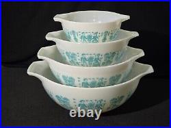 Rare REVERSE Pyrex Amish Butterprint Cinderella Bowls Turquoise on White