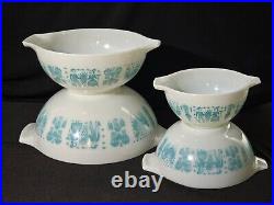 Rare REVERSE Pyrex Amish Butterprint Cinderella Bowls Turquoise on White