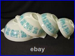 Rare REVERSE Pyrex Amish Butterprint Cinderella Bowls Turquoise on White