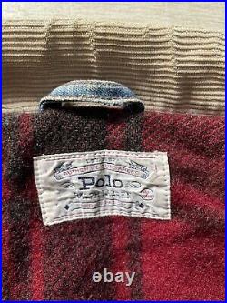 Rare Vintage 90s Polo Ralph Lauren Denim Jacket Wool Blanket Lined Blue Red M