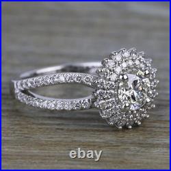 Round 2CT Lab Created Diamond Halo Engagement Ring 14K White Gold Plated Silver
