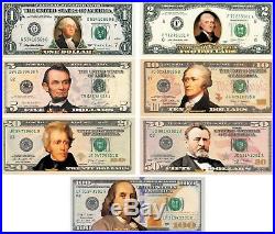 Set of all 7 COLORIZED 2-SIDED U. S. Bills Currency $1/$2/$5/$10/$20/$50/$100