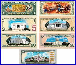 Set of all 7 COLORIZED 2-SIDED U. S. Bills Currency $1/$2/$5/$10/$20/$50/$100