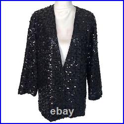 Three Flaggs Womens Sequin Jacket Black Size Large Vintage Nylon Acetate Rayon