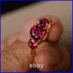 Three Stone Lab-Created Pink Ruby Ring 2.30CT Round Cut In 14K Yellow Gold Over