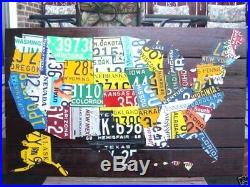 USA LICENSE PLATE MAP- METAL WALL ART- ALL 50 STATES- (Pub Bar Art)