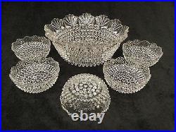 US GLASS DEWDROP 6 pc set BRILLIANT GLASS SALAD BOWL CUT 1890's hobnail fan