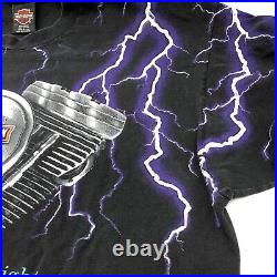 Vintage 1990s Harley Davidson T Shirt Thunder Lightning 2XL All Over Engine AOP