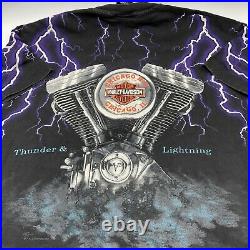 Vintage 1990s Harley Davidson T Shirt Thunder Lightning 2XL All Over Engine AOP