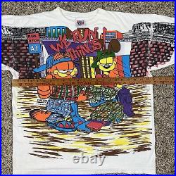 Vintage 1994 Garfield We Run Things All Over Print T-Shirt Freeze 90s Size XL