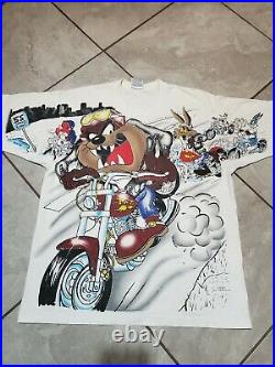 Vintage 1996 Taz Leading The Pack All Over Print Shirt L RARE Looney Tunes