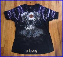 Vintage 90s Harley Davidson T-Shirt Thunder & Lightning All Over Print Size 3XL