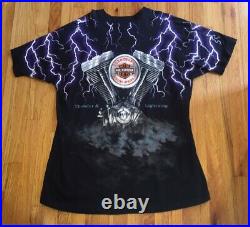 Vintage 90s Harley Davidson T-Shirt Thunder & Lightning All Over Print Size 3XL