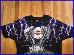 Vintage 90s Harley Davidson T-Shirt Thunder & Lightning All Over Print Size 3XL