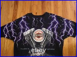 Vintage 90s Harley Davidson T-Shirt Thunder & Lightning All Over Print Size 3XL