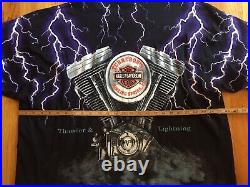 Vintage 90s Harley Davidson T-Shirt Thunder & Lightning All Over Print Size 3XL