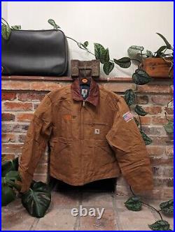 Vintage Carhartt Detroit Jacket Blanket Lined Full Zip Coat Tan Brown Mens XL