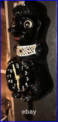 Vintage French Poodle Kit Kat Clock Black Poodle, All Orig, Refurbished, Gorg