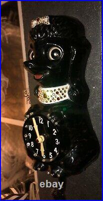 Vintage French Poodle Kit Kat Clock Black Poodle, All Orig, Refurbished, Gorg