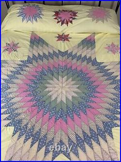 Vintage Hand Stitched Lone Star 8 & 16 Point Quilt Bed Cover 100x90 Yellow