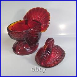 Vintage LE Smith Ruby Red Amberina Glass Turkey Candy Dish With Lid. Signed