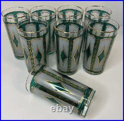 Vintage Libbey MCM Emerald Blue & 22K Gold Diamond Hi-Ball Glasses Set of 8