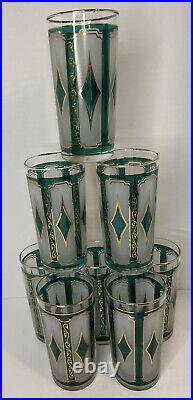 Vintage Libbey MCM Emerald Blue & 22K Gold Diamond Hi-Ball Glasses Set of 8