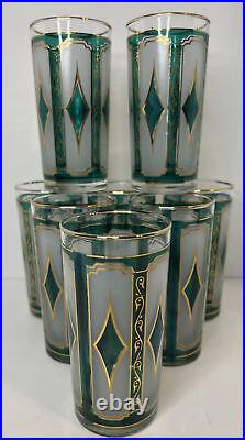 Vintage Libbey MCM Emerald Blue & 22K Gold Diamond Hi-Ball Glasses Set of 8