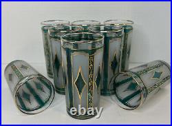 Vintage Libbey MCM Emerald Blue & 22K Gold Diamond Hi-Ball Glasses Set of 8