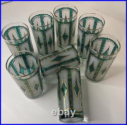 Vintage Libbey MCM Emerald Blue & 22K Gold Diamond Hi-Ball Glasses Set of 8