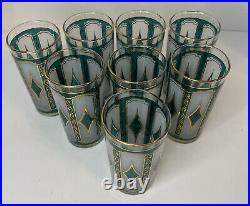 Vintage Libbey MCM Emerald Blue & 22K Gold Diamond Hi-Ball Glasses Set of 8