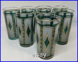 Vintage Libbey MCM Emerald Blue & 22K Gold Diamond Hi-Ball Glasses Set of 8