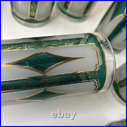 Vintage Libbey MCM Emerald Blue & 22K Gold Diamond Hi-Ball Glasses Set of 8