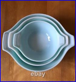 Vintage Pyrex Amish Butterprint Cinderella Mixing Bowl 3 Pc Set Aqua 442 443 444