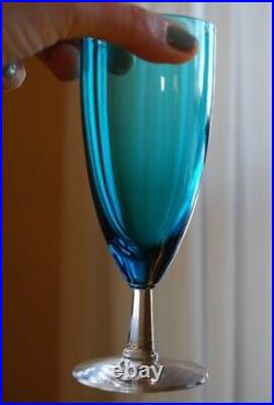 Vintage Set 8 PEACOCK BLUE GORHAM CRYSTAL Champagne Glasses CLEAR CUT STEM 6.25