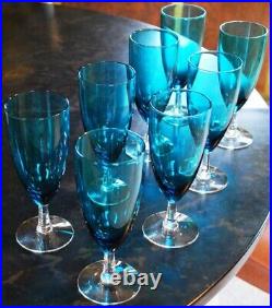 Vintage Set 8 PEACOCK BLUE GORHAM CRYSTAL Champagne Glasses CLEAR CUT STEM 6.25