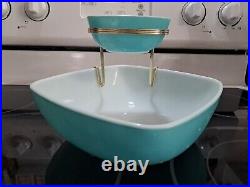 Vintage Turquoise PYREX 025/410 Square Chip And Dip Set Bowl Rare MCM