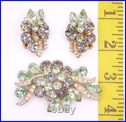 Vtg 1950s Eisenberg Ice Brooch Clip Earring Set Floral Cluster Green Rhinestones