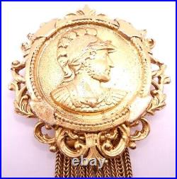 Vtg 1950s Florenza Medallion Brooch Roman Soldier Chain Fringe Gold Tone Metal