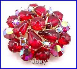 Vtg 1950s Weiss Brooch Pin Dome Red Glass Rhinestones Cabochons Gold Tone Metal